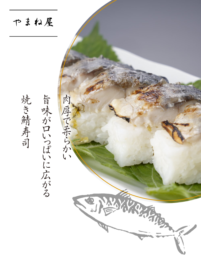 やまね屋 肉厚で柔らかい 旨味が口いっぱいに広がる 焼き鯖寿司